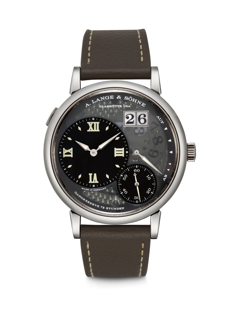 A. LANGE & SÖHNE. A RARE PLATINUM LIMITED EDITION SEMI-SKELETONISED WRISTWATCH WITH OVERSIZED DATE AND POWER RESERVE