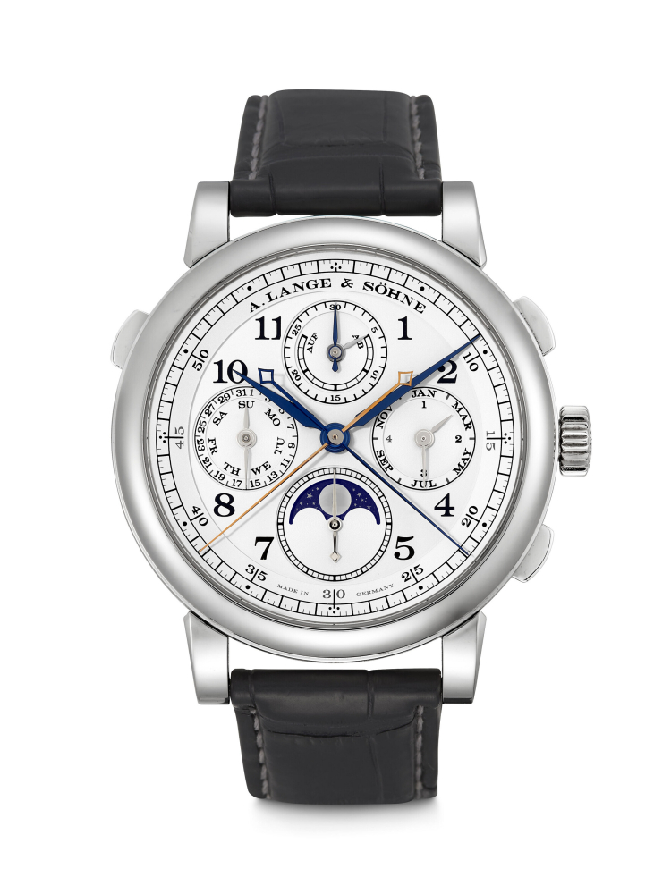 A. LANGE & SÖHNE. A PLATINUM PERPETUAL CALENDAR SPLIT SECONDS CHRONOGRAPH WRISTWATCH WITH MOON PHASES, POWER RESERVE AND LEAP YEAR INDICATION