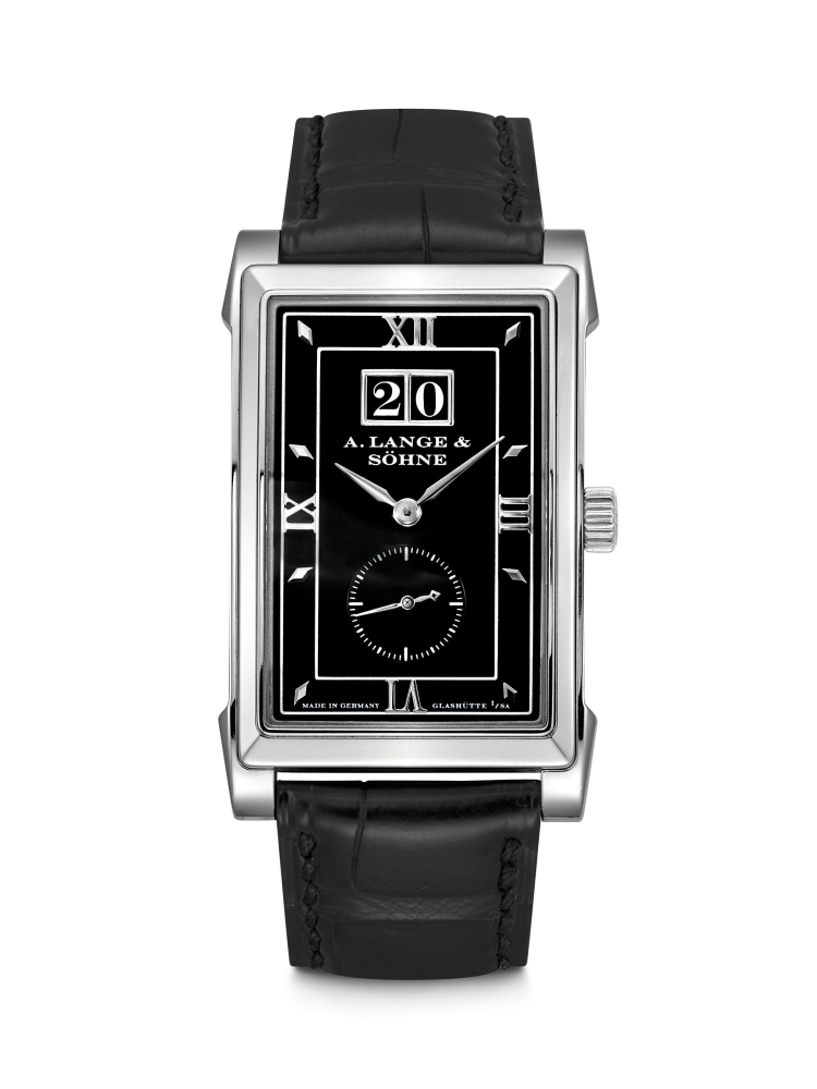 A. LANGE & SÖHNE. A PLATINUM RECTANGULAR WRISTWATCH WITH OVERSIZED DATE
