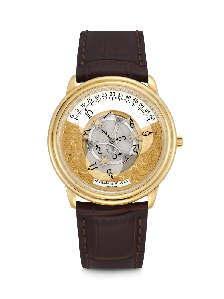 AUDEMARS PIGUET. AN 18K GOLD SEMI-SKELETONISED AUTOMATIC WRISTWATCH WITH WANDERING HOURS