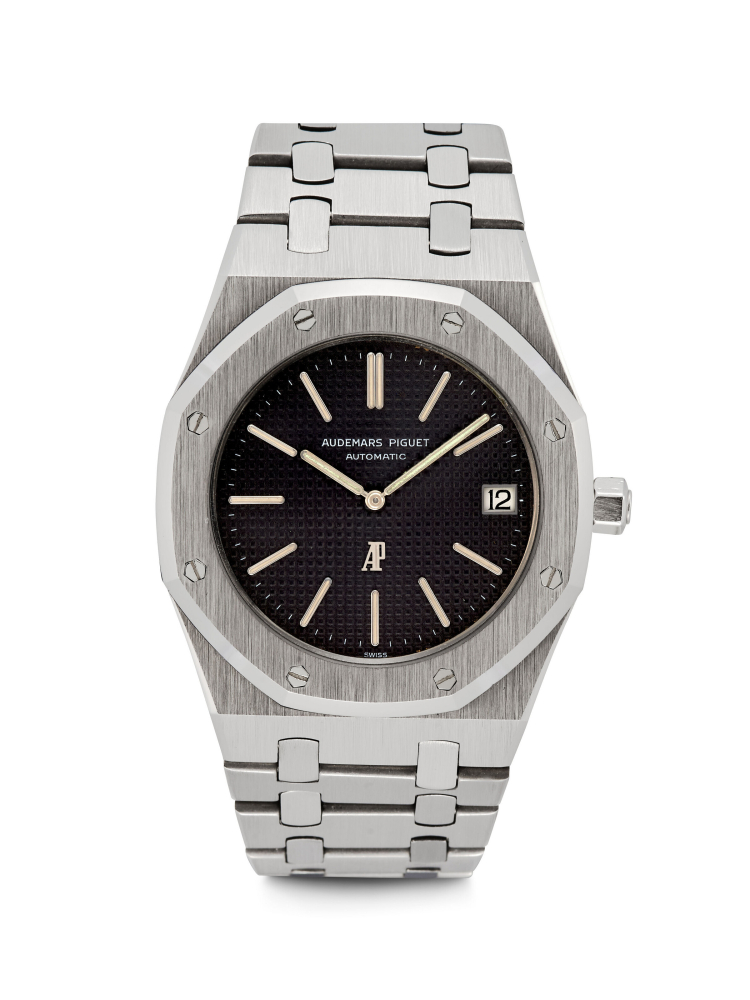AUDEMARS PIGUET. A RARE STAINLESS STEEL AUTOMATIC WRISTWATCH WITH DATE AND BRACELET