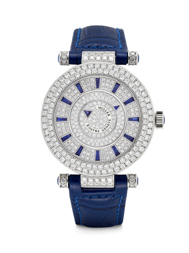 FRANCK MULLER. AN 18K WHITE GOLD, DIAMOND AND SAPPHIRE-SET AUTOMATIC WRISTWATCH