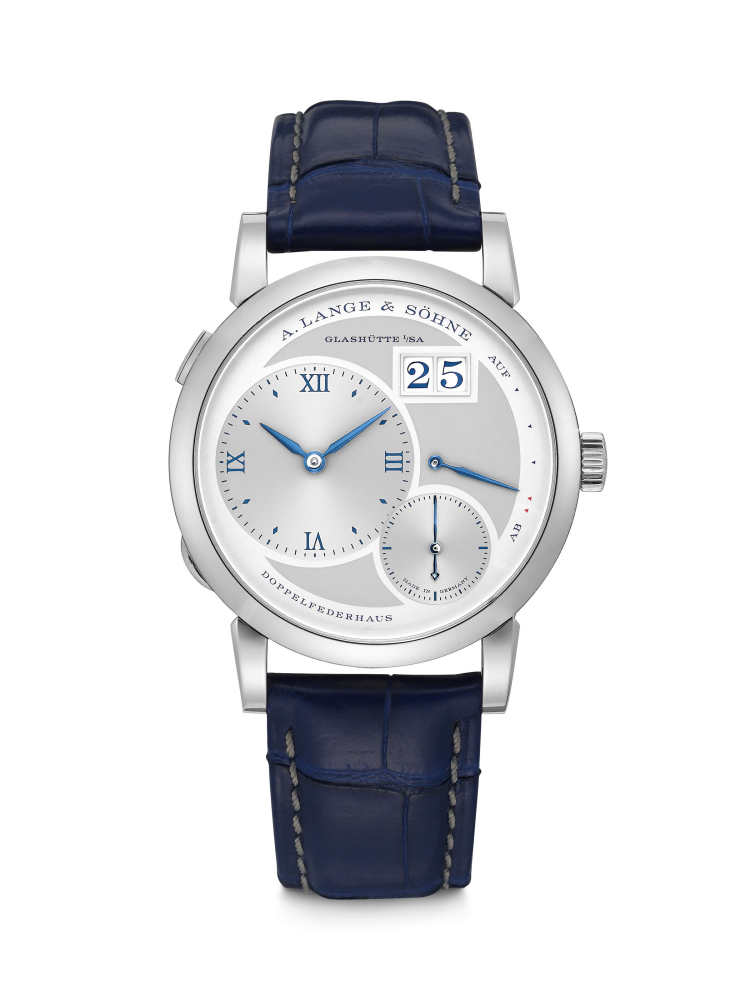A. LANGE & SÖHNE. A RARE 18K WHITE GOLD LIMITED EDITION WRISTWATCH WITH OVERSIZED DATE AND POWER RESERVE