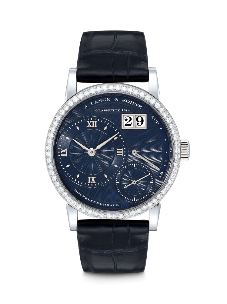 A. LANGE & SÖHNE. AN EXCEPTIONALLY RARE 18K WHITE GOLD AND DIAMOND-SET LIMITED EDITION WRISTWATCH WITH OVERSIZED DATE AND POWER RESERVE, MADE TO COMMEMORATE THE 20TH ANNIVERSARY OF LANGE 1