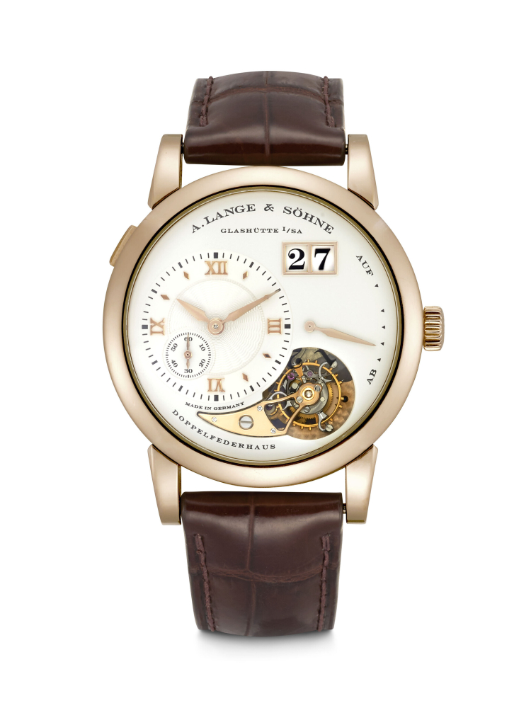 A. LANGE & SÖHNE. A RARE 18K HONEYGOLD LIMITED EDITION TOURBILLON WRISTWATCH WITH POWER RESERVE AND OVERSIZED DATE