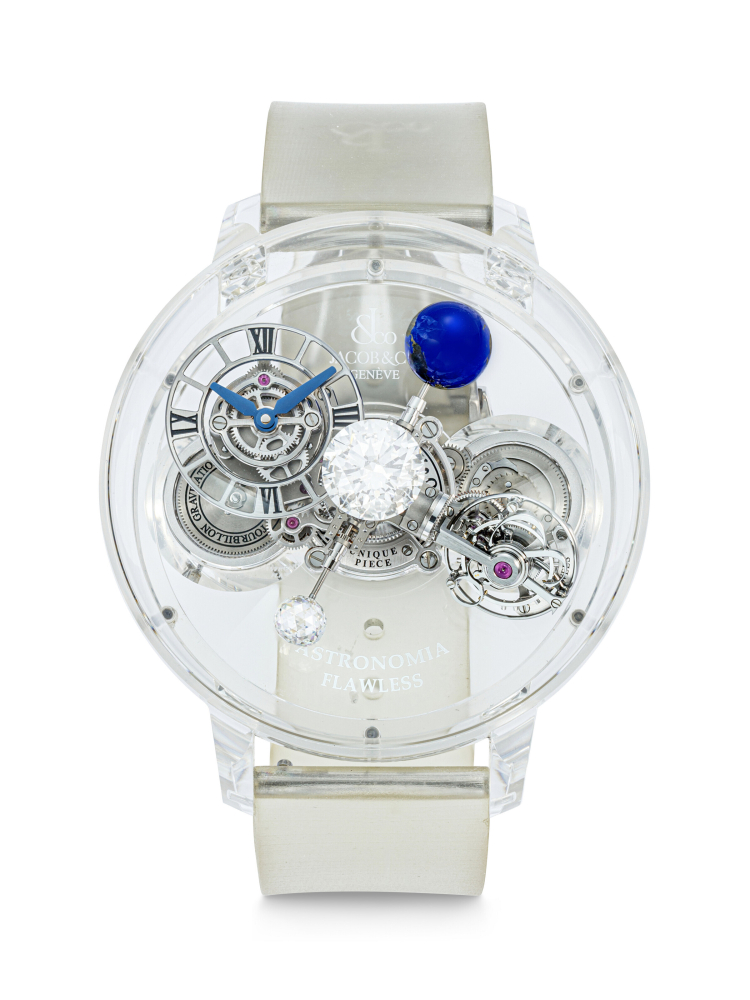 JACOB & CO. A UNIQUE AND IMPRESSIVE SAPPHIRE TRIPLE AXIS TOURBILLON WRISTWATCH WITH A 3.02 CARAT D FLAWLESS DIAMOND AND A 1.00 CARAT 'JACOB CUT' DIAMOND WITH 288 FACETS