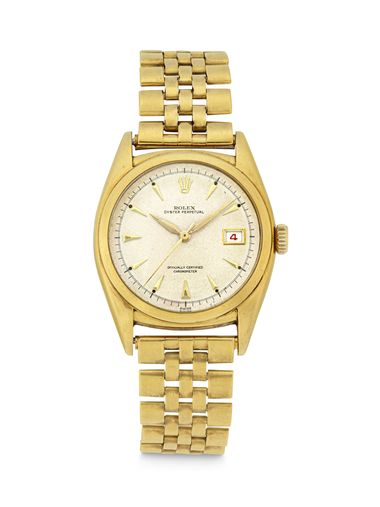 ROLEX. A VERY RARE 18K GOLD AUTOMATIC WRISTWATCH WITH SWEEP CENTRE SECONDS, DATE AND BRACELET