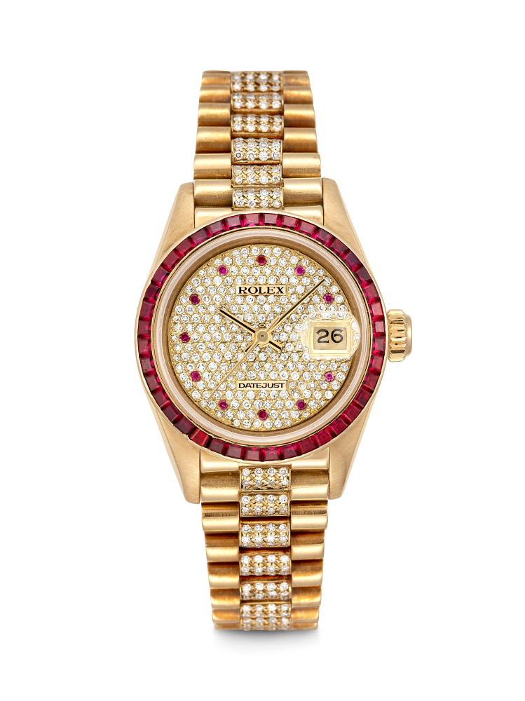 ROLEX. A LADY'S VERY RARE AND IMPRESSIVE 18K GOLD, DIAMOND AND RUBY-SET AUTOMATIC WRISTWATCH WITH SWEEP CENTRE SECONDS, DATE AND BRACELET