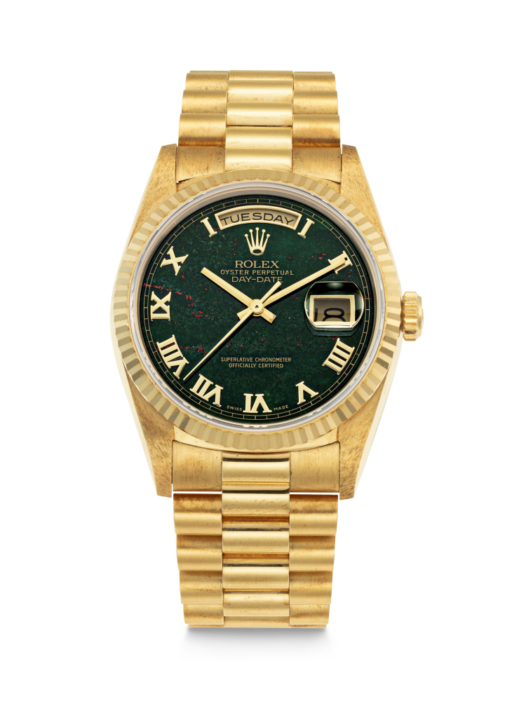 ROLEX. A VERY RARE AND GORGEOUS 18K GOLD AUTOMATIC WRISTWATCH WITH SWEEP CENTRE SECONDS, DAY, DATE, BRACELET AND BLOODSTONE DIAL 