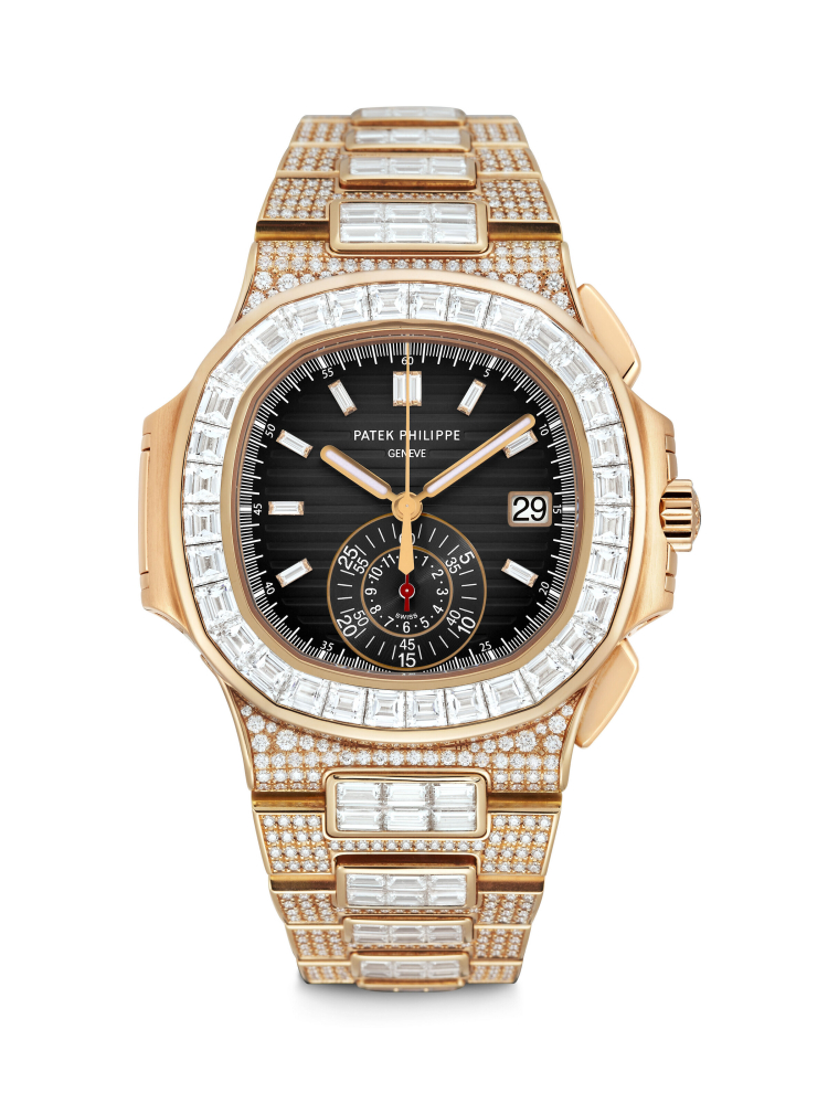 PATEK PHILIPPE. A POSSIBLY UNIQUE AND MAGNIFICENT 18K PINK GOLD AND DIAMOND-SET AUTOMATIC FLYBACK CHRONOGRAPH WRISTWATCH WITH DATE, BRACELET AND RED 60-MINUTE CHRONOGRAPH COUNTER HAND 