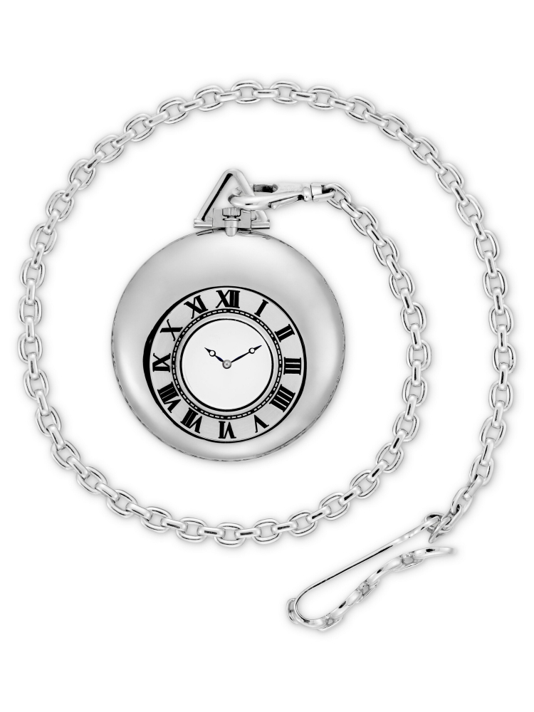 CARTIER. A RARE AND MAGNIFICENT 18K WHITE GOLD MYSTERY POCKET WATCH WITH MATCHING CHAIN