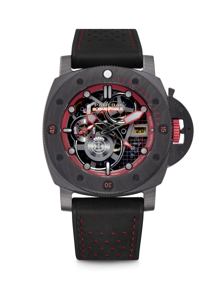 PANERAI. A CARBOTECH™ AUTOMATIC SEMI-SKELETONISED WRISTWATCH WITH DUAL TIME, DATE, POWER RESERVE AND DAY/NIGHT INDICATOR