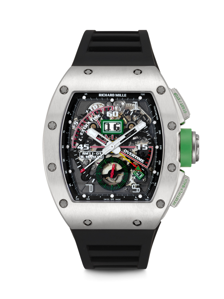 RICHARD MILLE. A RARE AND ATTRACTIVE TITANIUM LIMITED EDITION AUTOMATIC SEMI-SKELETONISED FLYBACK CHRONOGRAPH ANNUAL CALENDAR WRISTWATCH WITH SWEEP CENTRE SECONDS