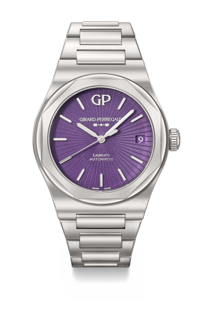 GIRARD-PERREGAUX. A UNIQUE AND HIGHLY ATTRACTIVE STAINLESS STEEL AUTOMATIC WRISTWATCH WITH SWEEP CENTRE SECONDS, DATE AND GUILLOCHÉ PURPLE ENAMEL DIAL