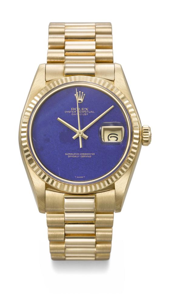 ROLEX. A VERY RARE AND ATTRACTIVE 18K GOLD AUTOMATIC WRISTWATCH WITH SWEEP CENTRE SECONDS, DATE, LAPIS LAZULI DIAL AND D'AGOSTO BRACELET