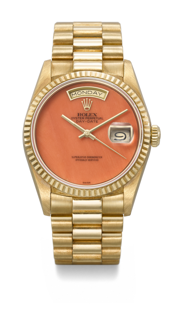 ROLEX. A VERY RARE AND HIGHLY ATTRACTIVE 18K GOLD AUTOMATIC WRISTWATCH WITH SWEEP CENTRE SECONDS, DAY, DATE, CORAL DIAL AND BRACELET