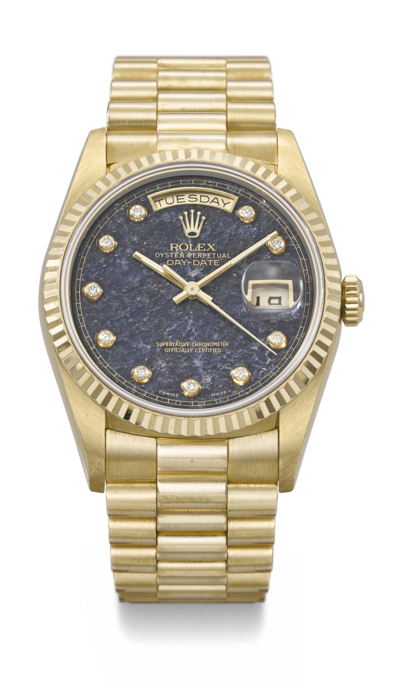ROLEX. AN ATTRACTIVE 18K GOLD AND DIAMOND-SET AUTOMATIC WRISTWATCH WITH SWEEP CENTRE SECONDS, DAY, DATE, AVENTURINE DIAL AND BRACELET