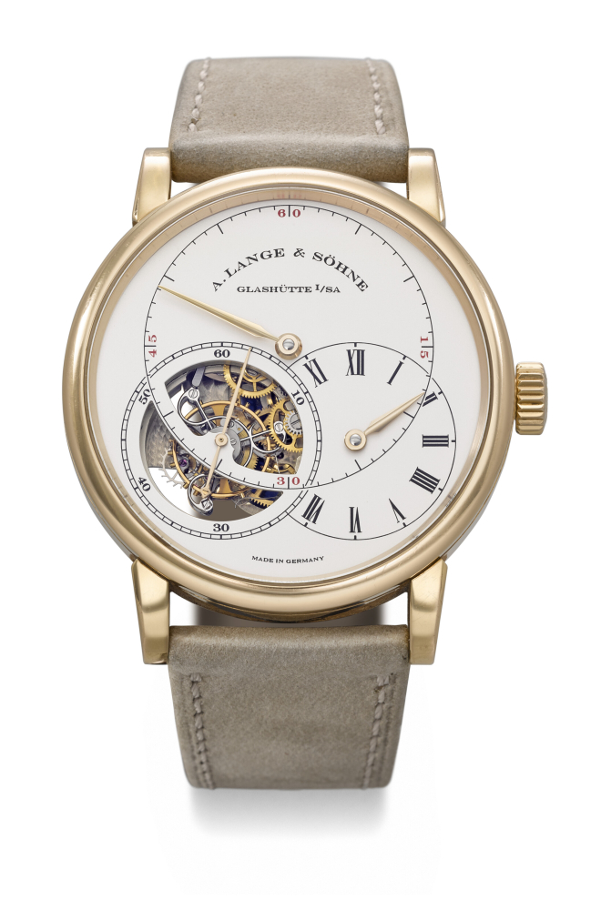 A. LANGE & SÖHNE. A RARE AND ATTRACTIVE 18K PINK GOLD TOURBILLON WRISTWATCH WITH CHAIN FUSÉE PATENTED STOP SECONDS MECHANISM AND REGULATOR DIAL WITH PIVOTED SEGMENT