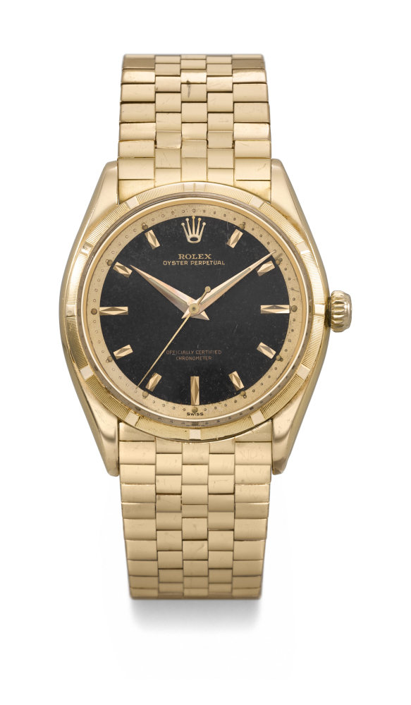 ROLEX. A RARE, ELEGANT AND HIGHLY ATTRACTIVE 18K PINK GOLD AUTOMATIC WRISTWATCH WITH SWEEP CENTRE SECONDS, BLACK LACQUERED DIAL AND BRACELET