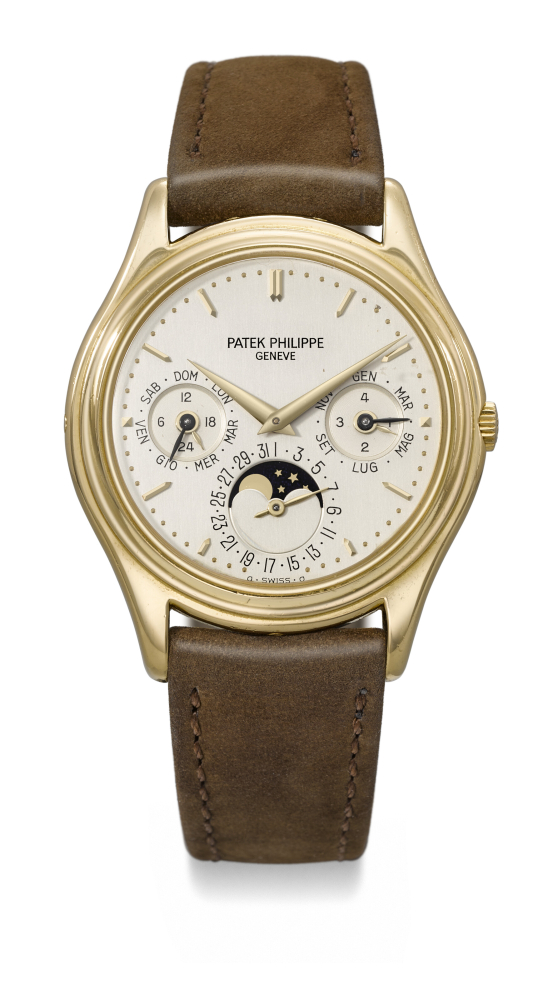 PATEK PHILIPPE. A VERY RARE AND COVETED 18K GOLD AUTOMATIC PERPETUAL CALENDAR WRISTWATCH WITH MOON PHASES, 24-HOUR AND LEAP YEAR INDICATION