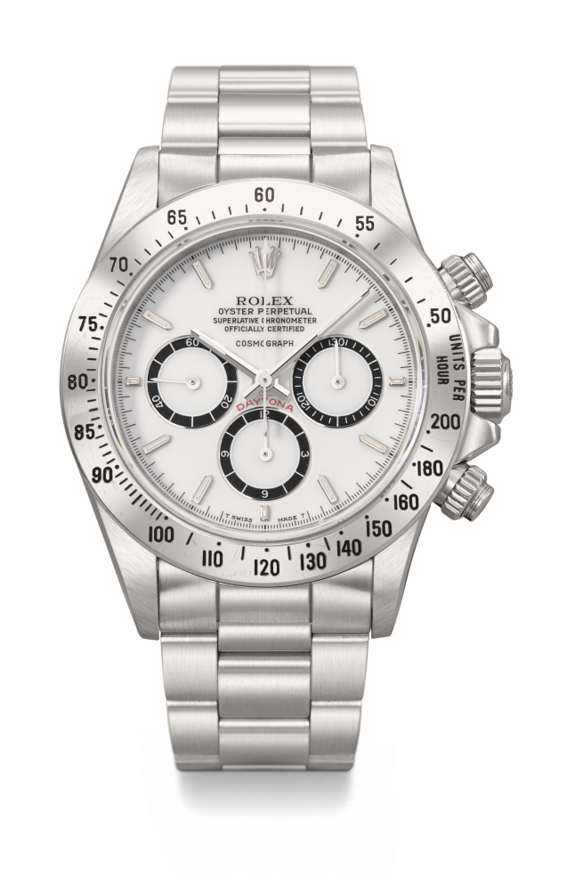 ROLEX. A VERY RARE AND ATTRACTIVE STAINLESS STEEL AUTOMATIC CHRONOGRAPH WRISTWATCH WITH 'PORCELAIN' 'FLOATING' COSMOGRAPH DIAL AND BRACELET