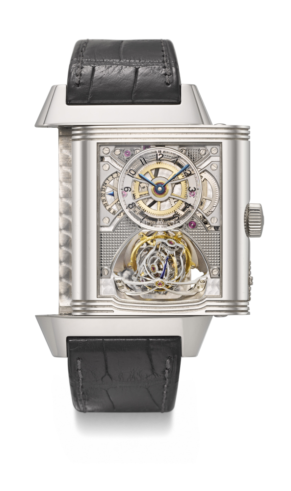 JAEGER-LECOULTRE. A VERY RARE AND IMPRESSIVE PLATINUM LIMITED EDITION SEMI-SKELETONIZED SPHERICAL TOURBILLON WRISTWATCH WITH 24 HOUR DISPLAY AND POWER RESERVE
