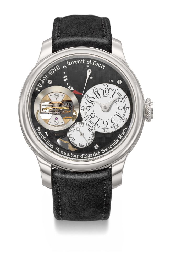 F.P. JOURNE. AN EXTREMELY RARE AND EXCLUSIVE PLATINUM VERTICAL TOURBILLON WRISTWATCH WITH CONSTANT FORCE, DEAD BEAT SECONDS, POWER RESERVE AND BLACK DIAL
