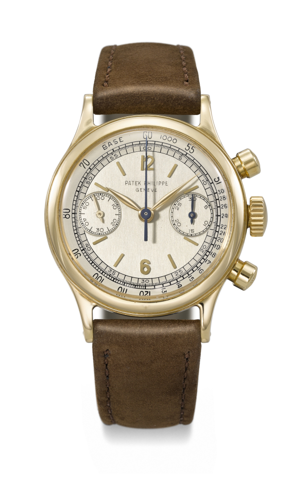 PATEK PHILIPPE. A VERY RARE AND ATTRACTIVE 18K GOLD CHRONOGRAPH WRISTWATCH WITH TWO-TONE AND TACHYMETER SCALE DIAL
