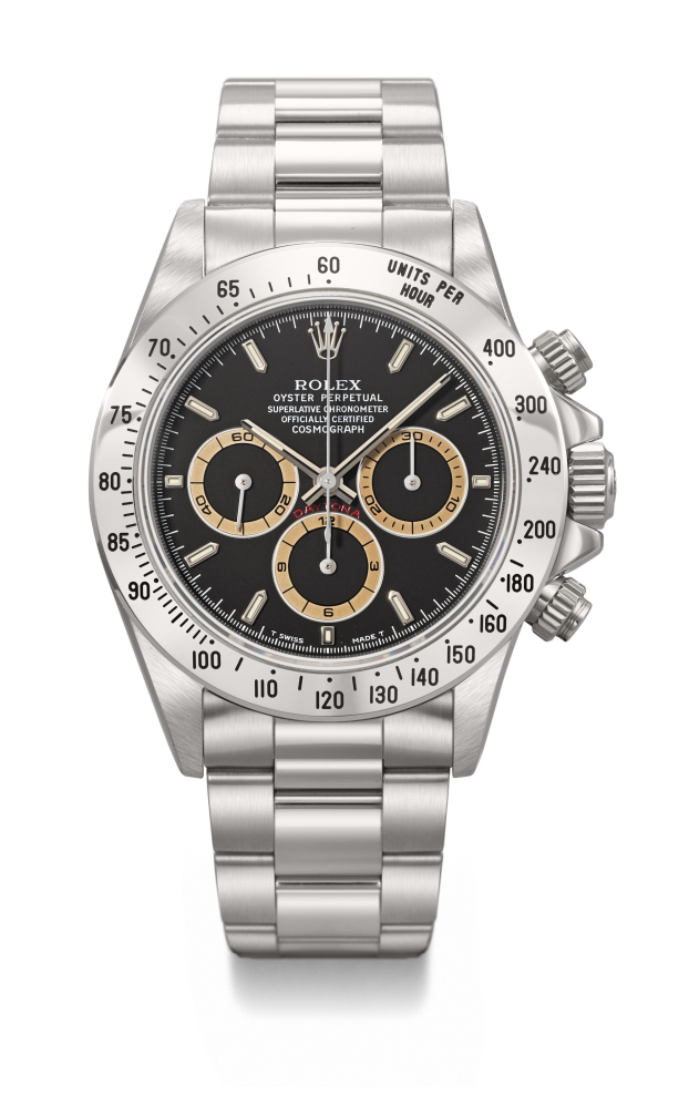 ROLEX. A RARE AND HIGHLY ATTRACTIVE STAINLESS STEEL AUTOMATIC CHRONOGRAPH WRISTWATCH WITH TROPICAL BROWN CHAPTER RINGS AND BRACELET