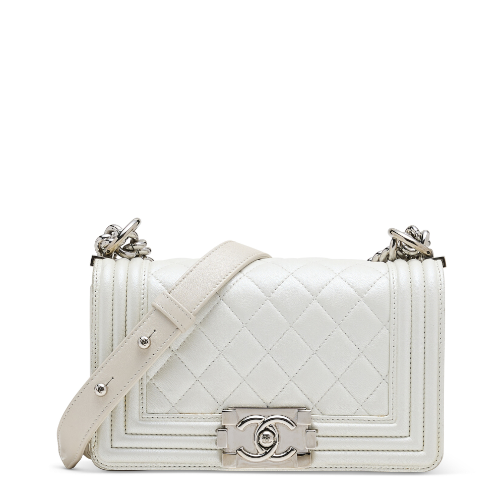 A LIGHT GREY LAMBSKIN LEATHER MINI BOY BAG WITH SILVER HARDWARE