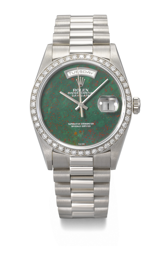ROLEX. AN EXTREMELY RARE AND HIGHLY ATTRACTIVE PLATINUM AND DIAMOND-SET AUTOMATIC WRISTWATCH WITH SWEEP CENTRE SECONDS, DAY, DATE, GREEN BLOODSTONE DIAL AND BRACELET
