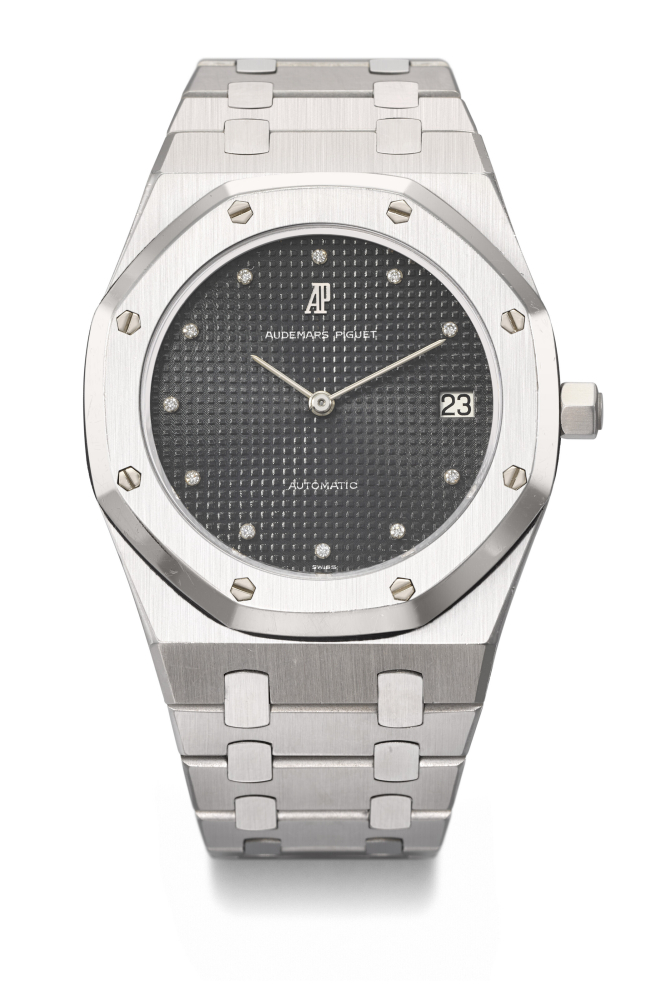 AUDEMARS PIGUET. A RARE AND HIGHLY ATTRACTIVE STAINLESS STEEL AND DIAMOND-SET AUTOMATIC WRISTWATCH WITH DATE AND BRACELET