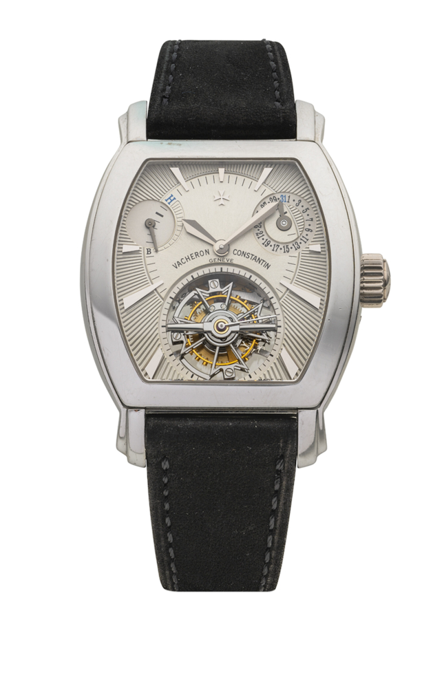 VACHERON CONSTANTIN. AN ATTRACTIVE PLATINUM TONNEAU-SHAPED TOURBILLON WRISTWATCH WITH DATE AND POWER RESERVE