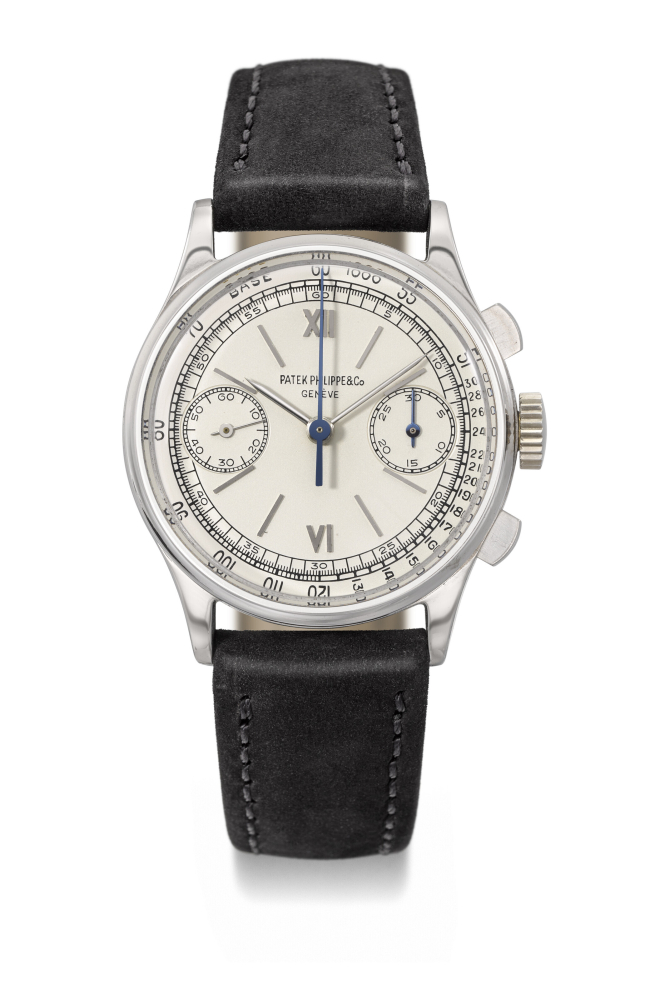 PATEK PHILIPPE. AN EXTREMELY RARE AND ELEGANT STAINLESS STEEL CHRONOGRAPH WRISTWATCH