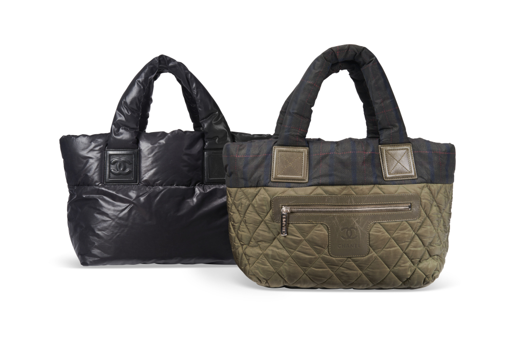 A SET OF TWO: A MEDIUM BLACK LEATHER COCO COCOON BAG & A SMALL OLIVE GREEN AND PLAID QUILTED NYLON COCO COCOON BAG, CHANEL, 2010CHANEL, 2013