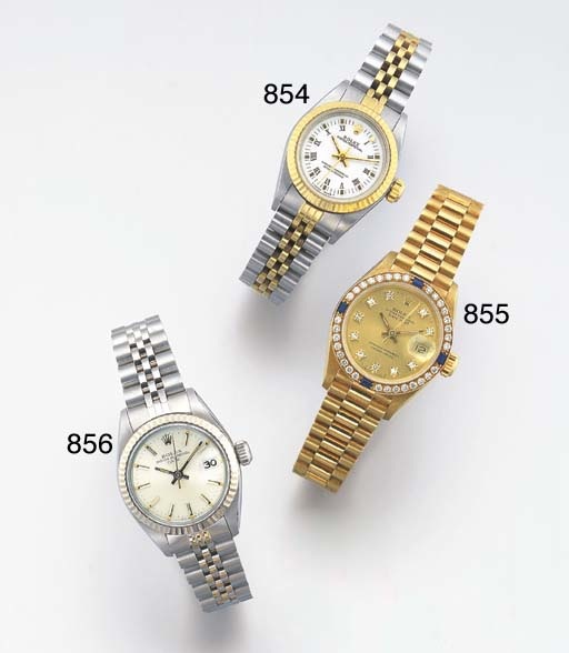 ROLEX. A LADY'S 18K GOLD, DIAMOND AND SAPPHIRE-SET SELF-WINDING WRISTWATCH WITH SWEEP CENTRE SECONDS, DATE AND BRACELET