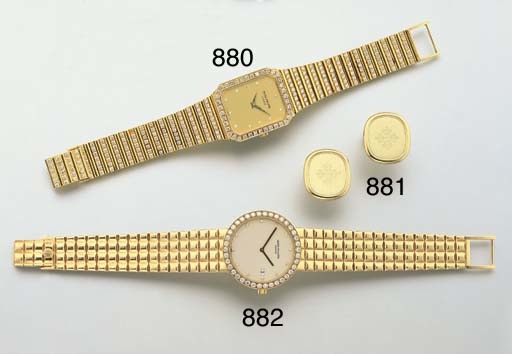 PATEK PHILIPPE. AN 18K GOLD AND DIAMOND-SET RECTANGULAR WRISTWATCH WITH BRACELET
