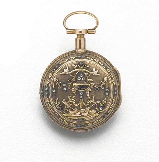 ISAAC SORET: A MULTI-COLOURED GOLD AND PASTE SET QUARTER REPEATING VERGE POCKET WATCH.signed Isaac Soret & Fils, circa 1790.