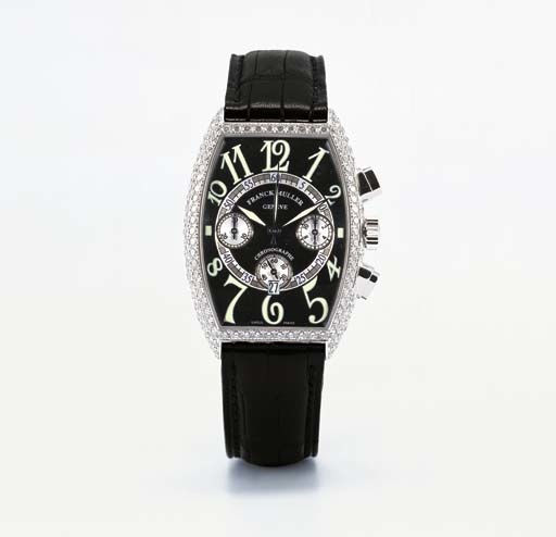 FRANCK MULLER. A LIMITED EDITION 18K WHITE GOLD AND DIAMOND-SET TONNEAU-SHAPED CHRONOGRAPH WRISTWATCH WITH DATE