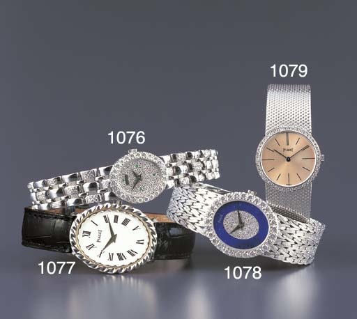 PIAGET. A LADY'S 18K WHITE GOLD AND DIAMOND-SET OVAL WRISTWATCH WITH BRACELET AND LAPIS LAZULI DIAL
