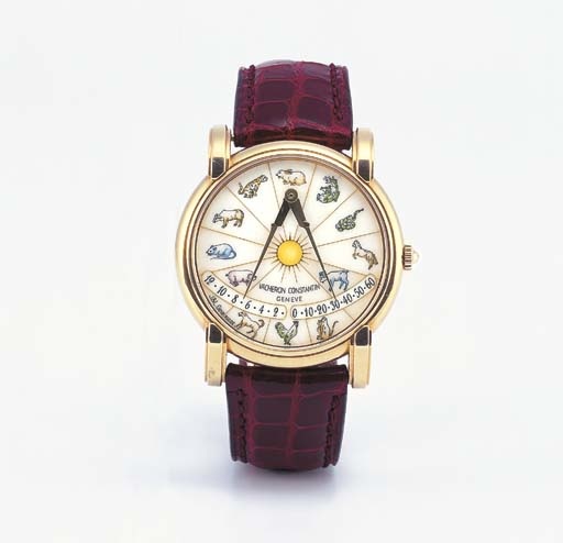 VACHERON & CONSTANTIN. A FINE AND RARE 18K GOLD AND ENAMEL SELF-WINDING WRISTWATCH
