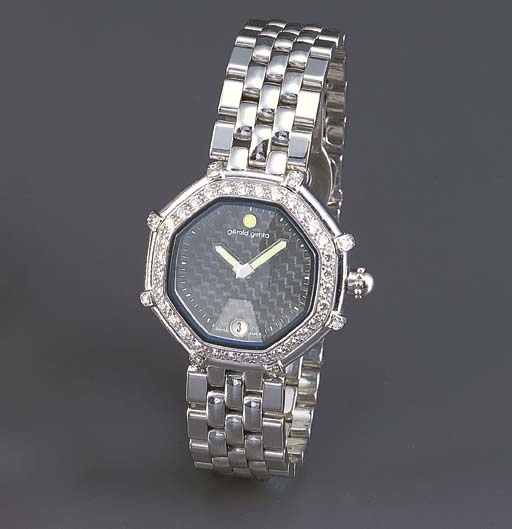 GERALD GENTA. A LADY'S 18K WHITE GOLD AND DIAMOND-SET OCTAGONAL WRISTWATCH WITH BRACELET AND DATE