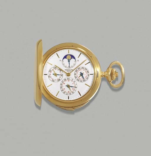 Patek Philippe. An extremely fine and rare 18K gold hunter case minute repeating perpetual calendar keyless lever watch with phases of the moon and equation of time