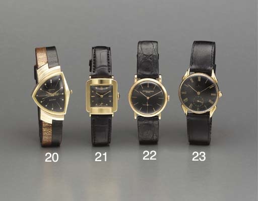 Hamilton. An unusual 14K gold asymmetrical wristwatch with sweep center seconds and black dial