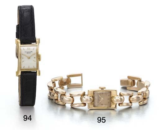 Patek Philippe. A lady's 18K pink gold rectangular-shaped wristwatch with pink dial and associated 14K pink gold bracelet