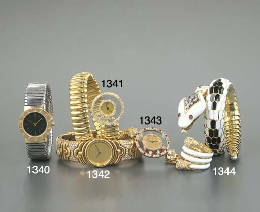 BULGARI. A LADY'S STAINLESS STEEL AND GOLD BANGLE-WATCH