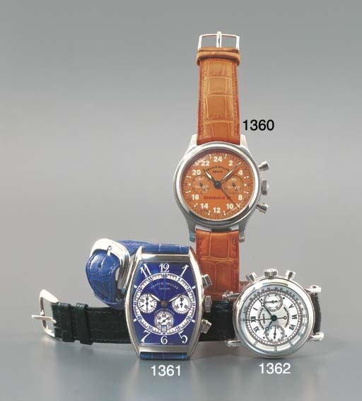 FRANCK MULLER. AN 18K WHITE GOLD SELF-WINDING TONNEAU-SHAPED CHRONOGRAPH WRISTWATCH WITH DATE AND GUILLOCHE ENAMEL DIAL