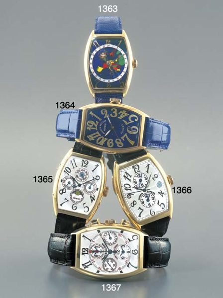 FRANCK MULLER. AN 18K GOLD SELF-WINDING TONNEAU-SHAPED TRIPLE TIME WRISTWATCH WITH SWEEP CENTRE SECONDS AND DATE