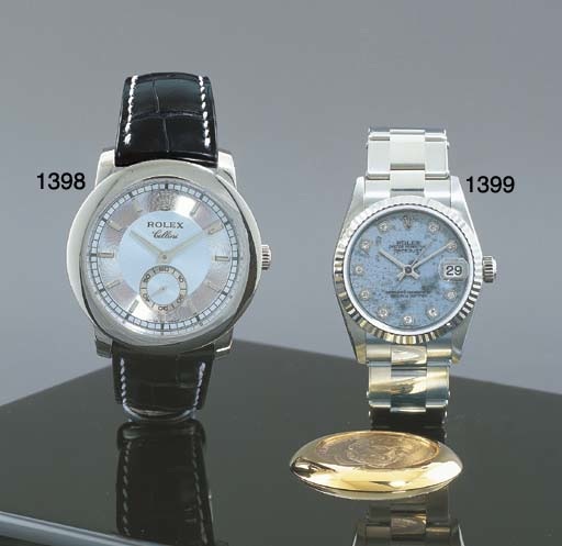 ROLEX. A MID-SIZED 18K WHITE GOLD AND DIAMOND-SET SELF-WINDING WATER-RESISTANT WRISTWATCH WITH SWEEP CENTRE SECONDS, DATE, BRACELET AND SODALITE DIAL