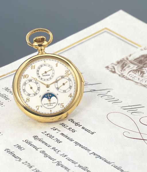 PATEK PHILIPPE. A FINE 18K GOLD OPENFACE MINUTE REPEATING PERPETUAL CALENDAR KEYLESS LEVER WATCH WITH PHASES OF THE MOON